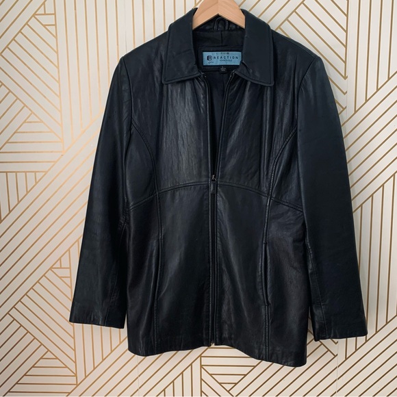 Kenneth Cole Reaction Leather jacket zipper front long line silhouette collar L - Picture 2 of 11